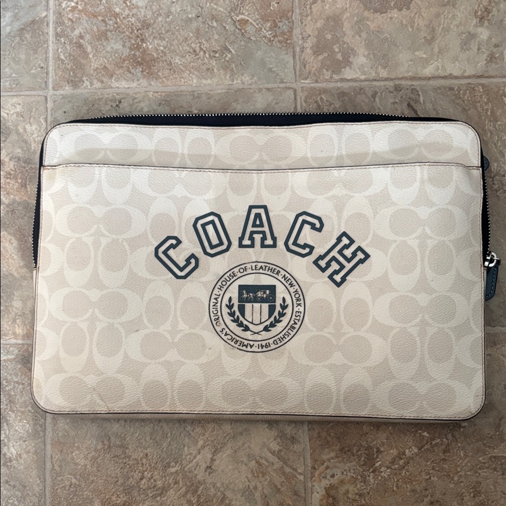 Coach Cream Signature Canvas Laptop Folio with Navy Logo